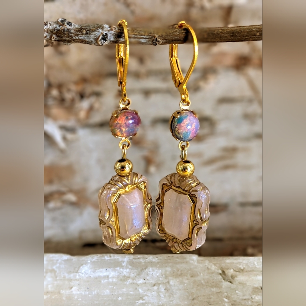 Victorian  Milky Pink And Pink Fire Opal Earrings In Gold Plated